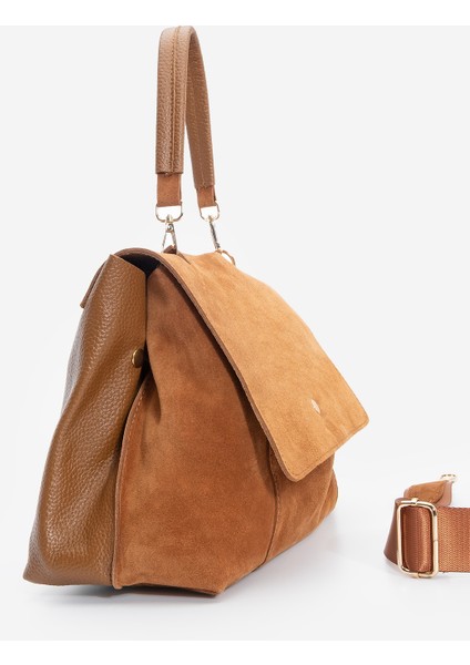 Kadın Hakiki Deri Fermuarlı Çıkabilen İç Cepli El ve Omuz Çantası Ornis Taba Süet modelleri