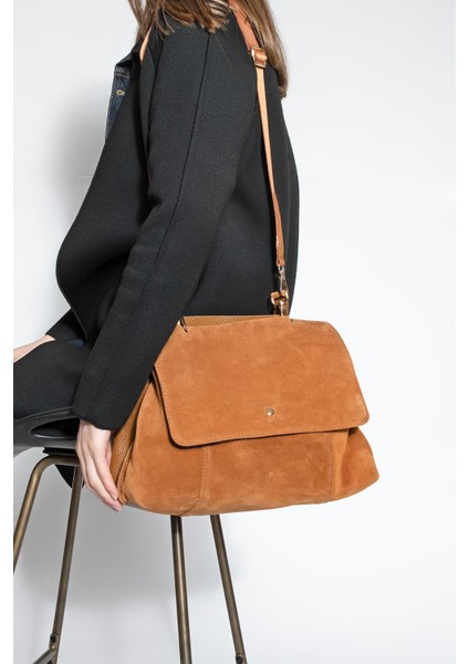 Kadın Hakiki Deri Fermuarlı Çıkabilen İç Cepli El ve Omuz Çantası Ornis Taba Süet