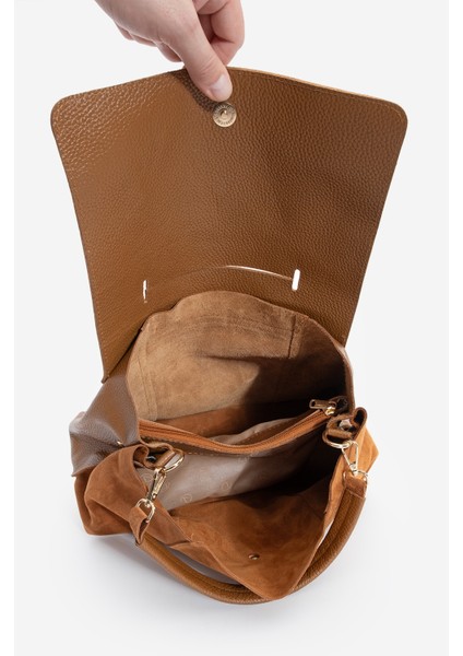 Kadın Hakiki Deri Fermuarlı Çıkabilen İç Cepli El ve Omuz Çantası Ornis Taba Süet