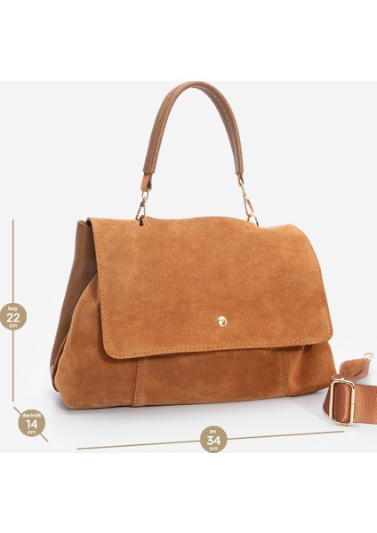 Kadın Hakiki Deri Fermuarlı Çıkabilen İç Cepli El ve Omuz Çantası Ornis Taba Süet
