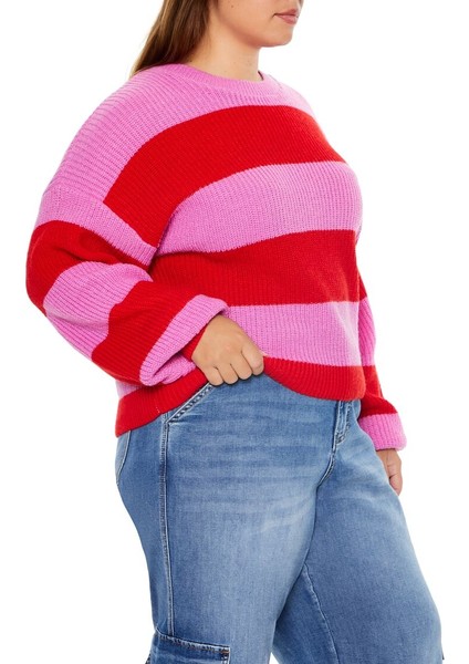 Plus Size Çizgili Kazak