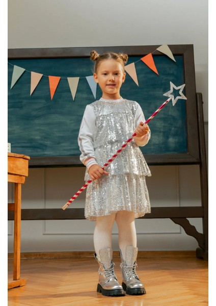 Kız Çocuk Örme Şerit Kollu Payetli Elbise MNT25K232