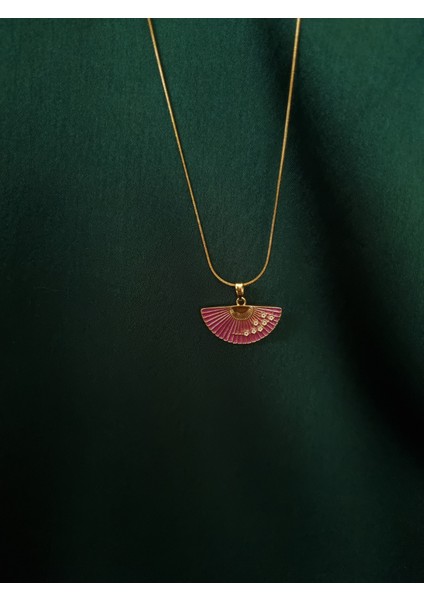 Gold Renk Paslanmaz Çelik Mineli Sakura Detaylı Mor Yelpaze Kolye modelleri