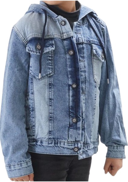 Erkek Çocuk Düğme Kapamalı Kapüşonlu Mavi Kot Ceket