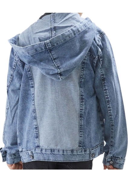 Erkek Çocuk Düğme Kapamalı Kapüşonlu Mavi Kot Ceket modelleri