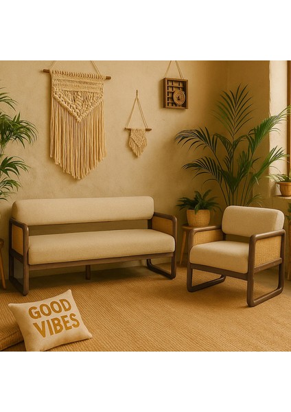 Alaves Hazeran Jüt Çay Seti Ceviz Ahşap,sütlü Kahve (1 Adet Ikili Berjer 1 Adet Tekli Berjer)