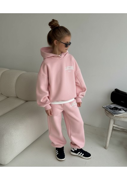 Kız Çocuk Pamuklu Pembe Kapüşonlu Sweatshirt Eşofman Alt-Üst Takım