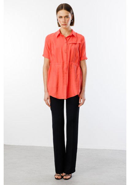 Kadın Beli Bağcıklı Düğmeli Bluz 3342 Mercan modelleri