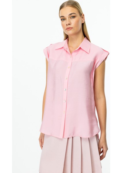 Kadın Omzu Apoletli Düğmeli Bluz 3050 Pembe