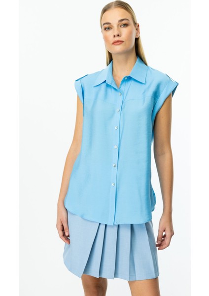 Kadın Omzu Apoletli Düğmeli Bluz 3050 Mavi