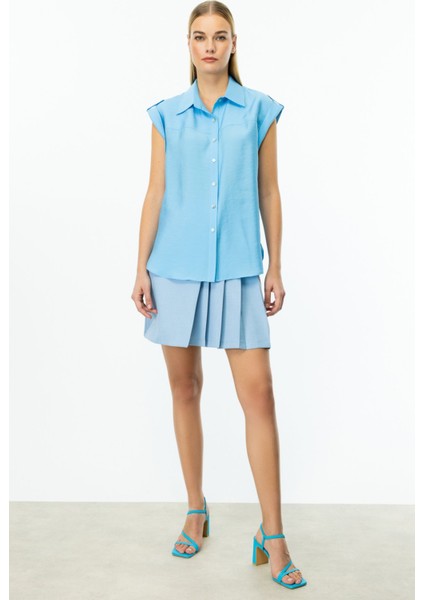 Kadın Omzu Apoletli Düğmeli Bluz 3050 Mavi fiyatları