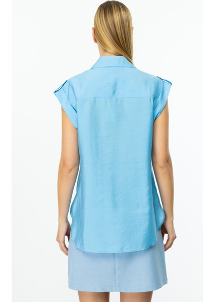 Kadın Omzu Apoletli Düğmeli Bluz 3050 Mavi modelleri