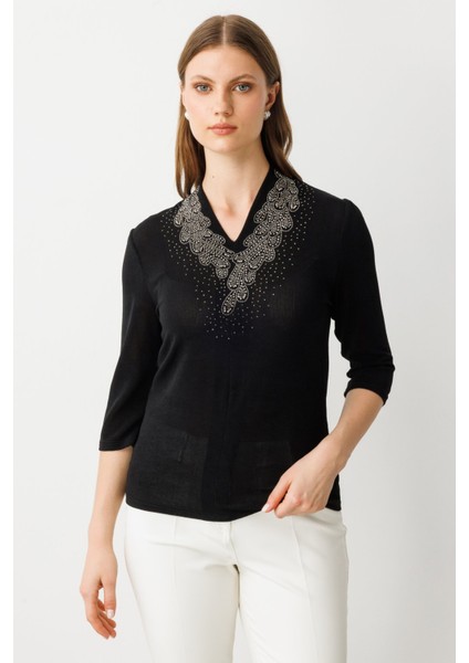 Kadın Büyük Beden V Yaka Taş Işlemeli Bluz 3914 Siyah