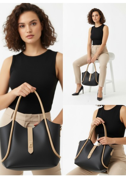 Siyah-Krem Kadin Yavrulu Omuz Çanta modelleri