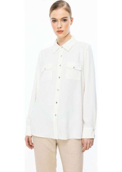 Kadın Çift Kapak Cepli Düğmeli Bluz 3026 Ekru