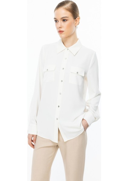 Kadın Çift Kapak Cepli Düğmeli Bluz 3026 Ekru fiyatları