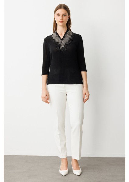 Kadın Büyük Beden V Yaka Taş Işlemeli Bluz 3914 Siyah modelleri
