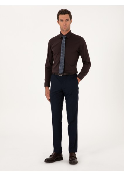 Erkek Koyu Kahverengi Slim Fit Non Iron Pamuk Karışımlı Klasik Gömlek 50305838-VR084