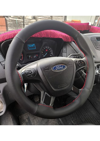 Dikişli Direksiyon Kılıfı Siyah Deri Noktalı Deri Kırmızı Dikişli F.or.d Transit 2014-2025 Arası