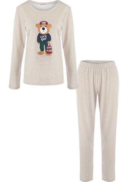 Kadın Uzun Kollu Baskı Detaylı Pijama Takımı