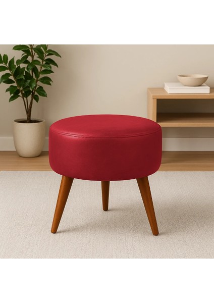 40X42 Yuvarlak Puf - Deri Kumaş - Ahşap Ayak - Kırmızı