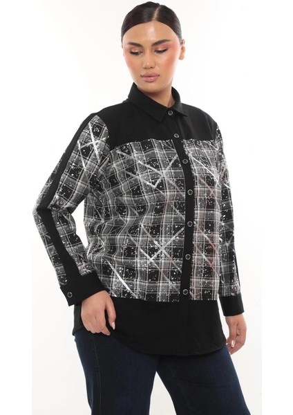 Şık Ekose Detaylı Uzun Kollu Büyük Beden Kadın Gömlek