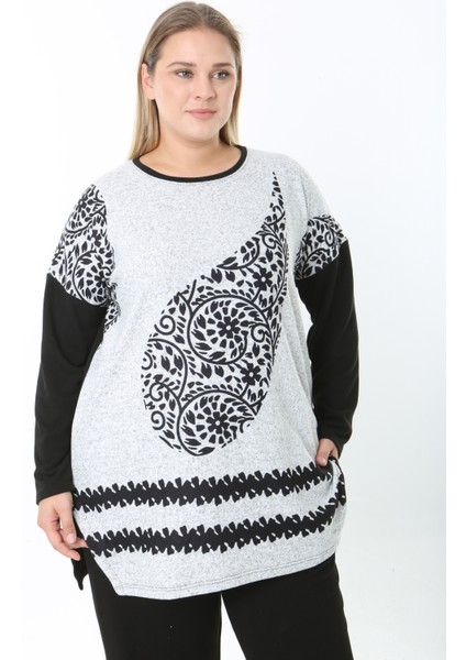 Yünlü Viskon Desenli Likralı Kadın Büyük Beden Tunik