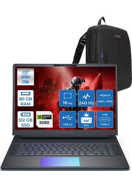 Alienware 16 Area-51 AA16250 Ultra 9 275HX Ddr5 80GB 512GB SSD 24GB/RTX5090 175W 16INÇ Wqxga 240Hz 500NITS 3ms Freedos Gaming Laptop AA1625090F33+ZETTAÇANTA