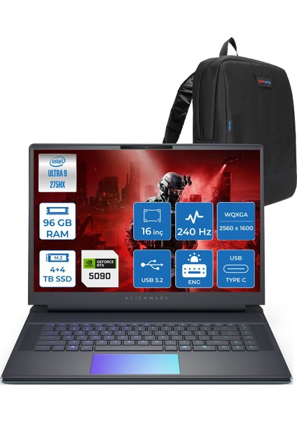 Alienware 16 Area-51 AA16250 Ultra 9 275HX Ddr5 96GB 4tb SSD +4tb SSD 24GB/RTX5090 175W 16INÇ Wqxga 240Hz 500NITS 3ms Freedos Gaming Laptop AA1625090F48+ZETTAÇANTA