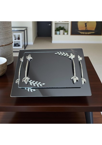 2 ‘li Söz Veya Nişan Yüzük,kahve Servisi Için Altın-Gümüş Yapraklı.kare-Altıgen Şeklinde Cam Tepsi