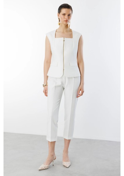 Kadın Yandan Cepli Duble Paça Pantolon 6524 Ekru