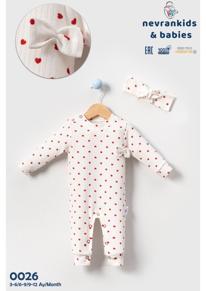 Heart Pattern Bandanalı Kız Bebek 2’li Tulum - Ekru