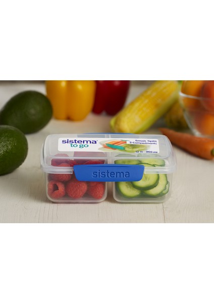 To Go 2 Bölmeli Saklama Kabı, 350 Ml, Bpa’sız, Mikrodalga & Bulaşık Makinesi Uyumlu, Şeffaf – Mavi Kapaklı