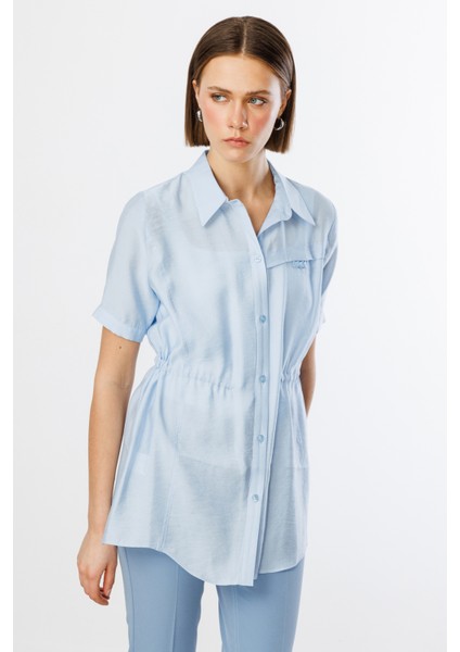 Kadın Beli Bağcıklı Düğmeli Bluz 3342 Buz Mavi