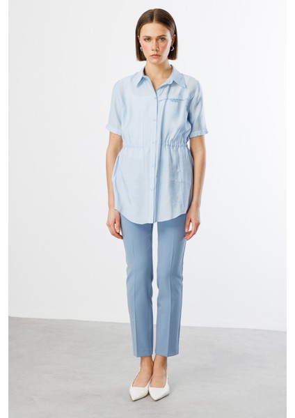 Kadın Beli Bağcıklı Düğmeli Bluz 3342 Buz Mavi modelleri