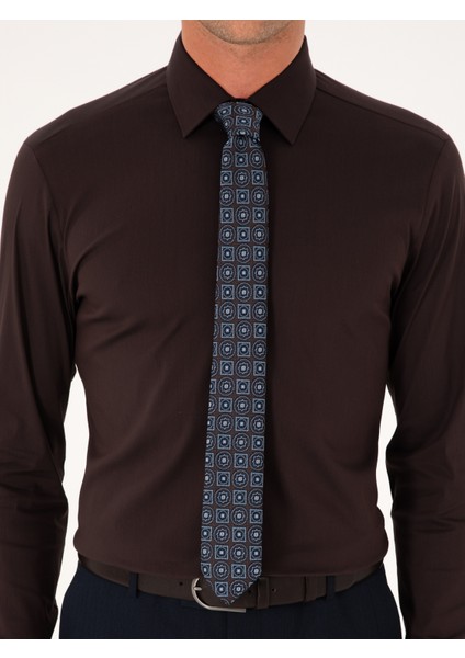 Erkek Koyu Kahverengi Slim Fit Non Iron Pamuk Karışımlı Klasik Gömlek 50305838-VR084