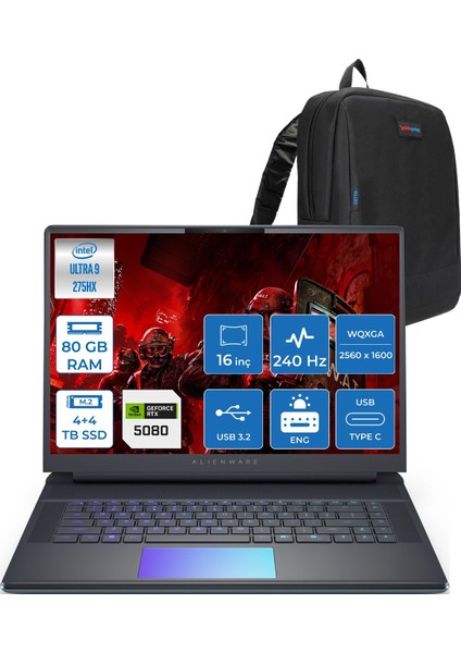 Alienware 16 Area-51 AA16250 Ultra 9 275HX Ddr5 80GB 4tb+4tb SSD 16GB/RTX5080 175W 16INÇ Wqxga 240Hz 500NITS 3ms Freedos Gaming Laptop AA1625080F40+ZETTAÇANTA