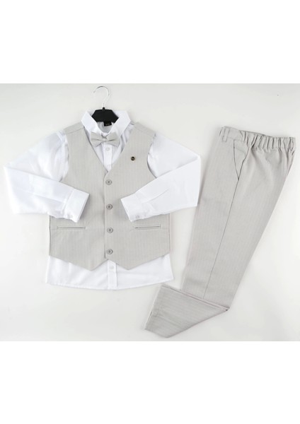 3 Düğme Yelekli Çizgili Takım