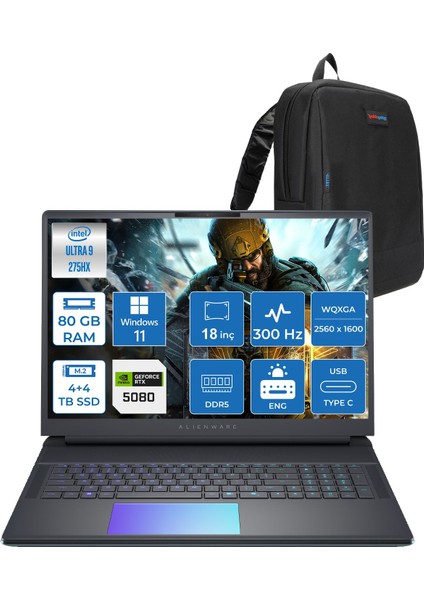 Alienware 18 Area-51 AA18250 Ultra 9 275HX Ddr5 80GB 4tb+4tb SSD 16GB/RTX5080 175W 18INÇ Wqxga 300Hz 500NITS WINDOWS11PRO Gaming Laptop AA1825080P40+ZETTAÇANTA