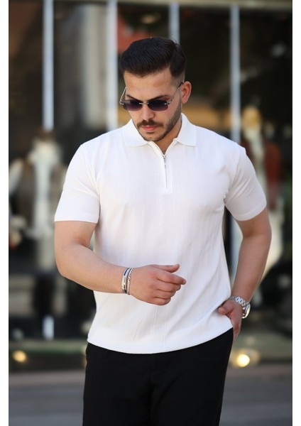 Erkek Yakası Fermuarlı Kısa Kollu T-Shirt