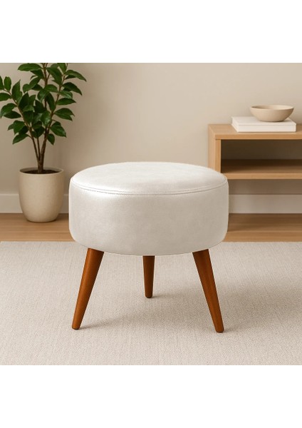 40X42 Yuvarlak Puf - Deri Kumaş - Ahşap Ayak - Krem