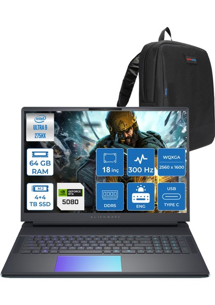 Alienware 18 Area-51 AA18250 Ultra 9 275HX Ddr5 64GB 4tb Ssd+4tb SSD 16GB/RTX5080 175W 18INÇ Wqxga 300Hz 500NITS Freedos Gaming Laptop AA1825080F32+ZETTAÇANTA