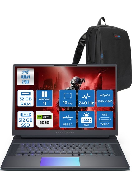 Alienware 16 Area-51 AA16250 Ultra 9 275HX Ddr5 32GB 512GB SSD 24GB/RTX5090 175W 16INÇ Wqxga 240Hz 500NITS 3ms WINDOWS11PRO Gaming Laptop AA1625090P09+ZETTAÇANTA