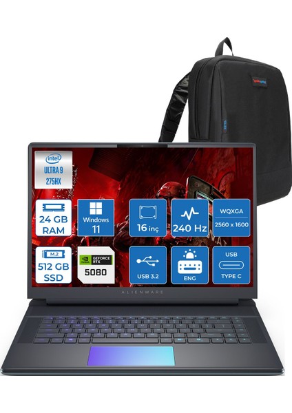 Alienware 16 Area-51 AA16250 Ultra 9 275HX Ddr5 24GB 512GB SSD 16GB/RTX5080 175W 16INÇ Wqxga 240Hz 500NITS 3ms WINDOWS11HOME Gaming Laptop AA1625080H01+ZETTAÇANTA