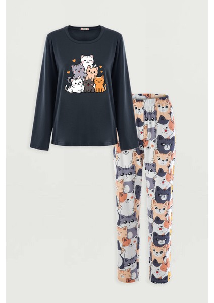 Kadın Gri Pamuklu Kedili Örme Pijama Takımı