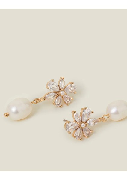 Kristal Çiçekli Inci Küpe