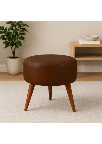 40X42 Yuvarlak Puf - Deri Kumaş - Ahşap Ayak - Acı Kahve