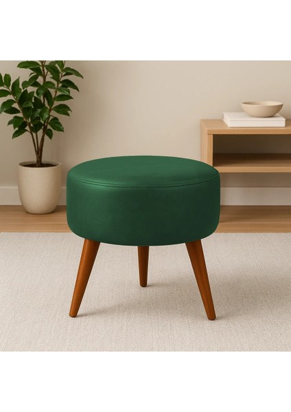 40X42 Yuvarlak Puf - Deri Kumaş - Ahşap Ayak - Yeşil