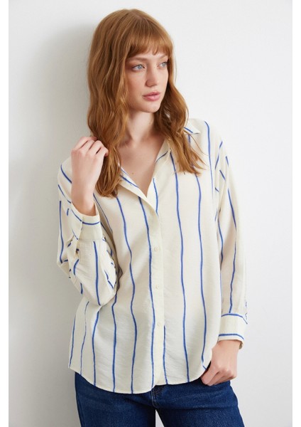 Çizgili Modal Gömlek Saks