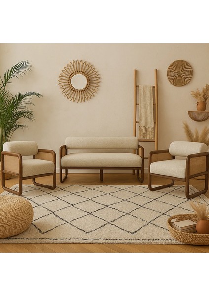 Alaves Hazeran Jüt Çay Seti Ceviz Ahşap,sütlü Kahve (1 Adet Ikili Berjer 2 Adet Tekli Berjer)